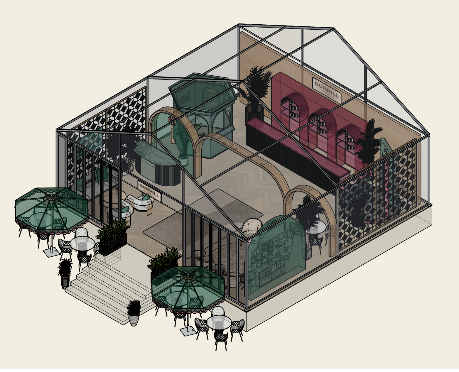 Dunhill Durban July 2026 activation isometric cutaway view, technical drawing