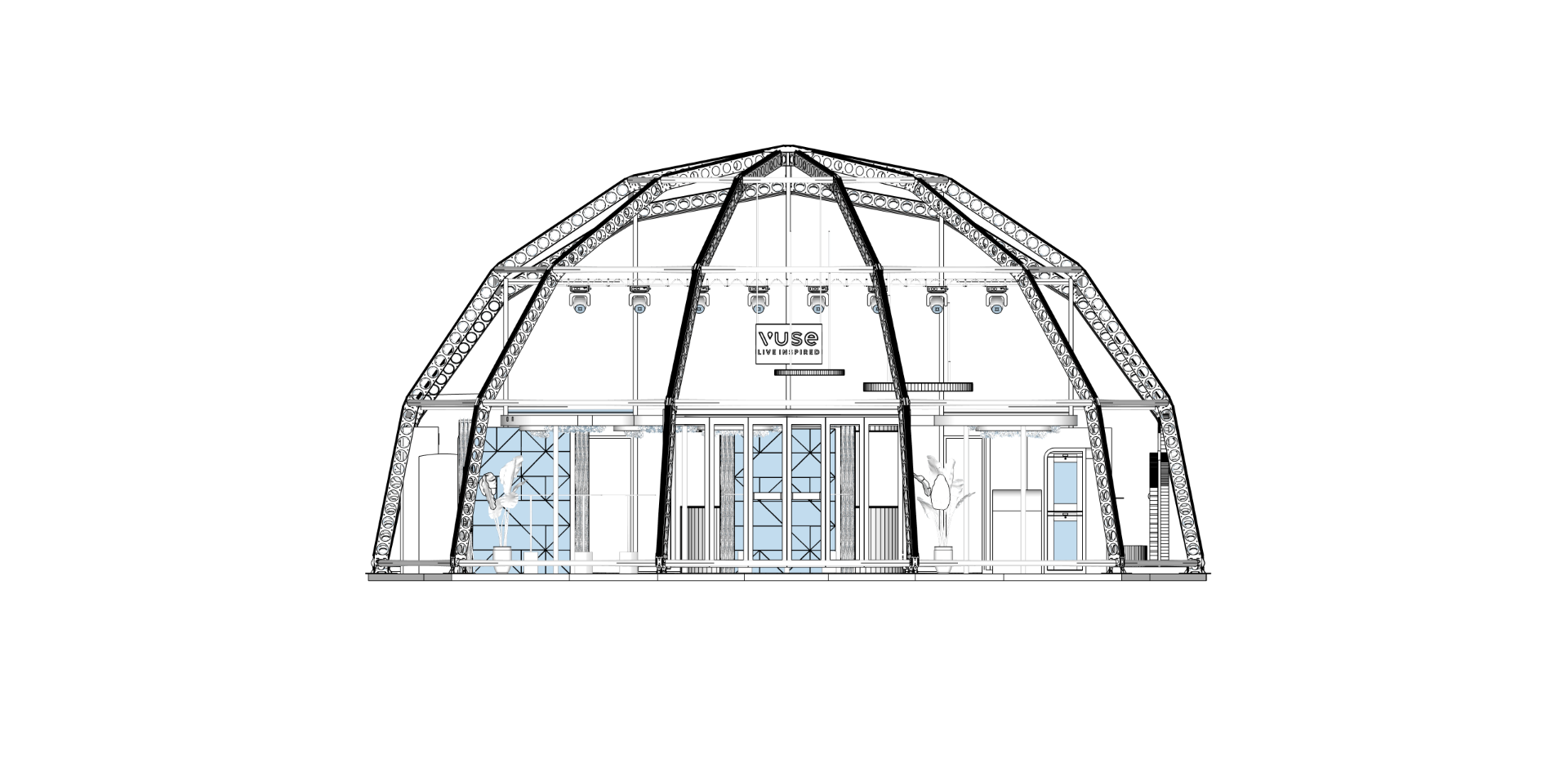 VUSE Dome Build 2025 rear elevation technical drawing showing dome structure and back-of-house