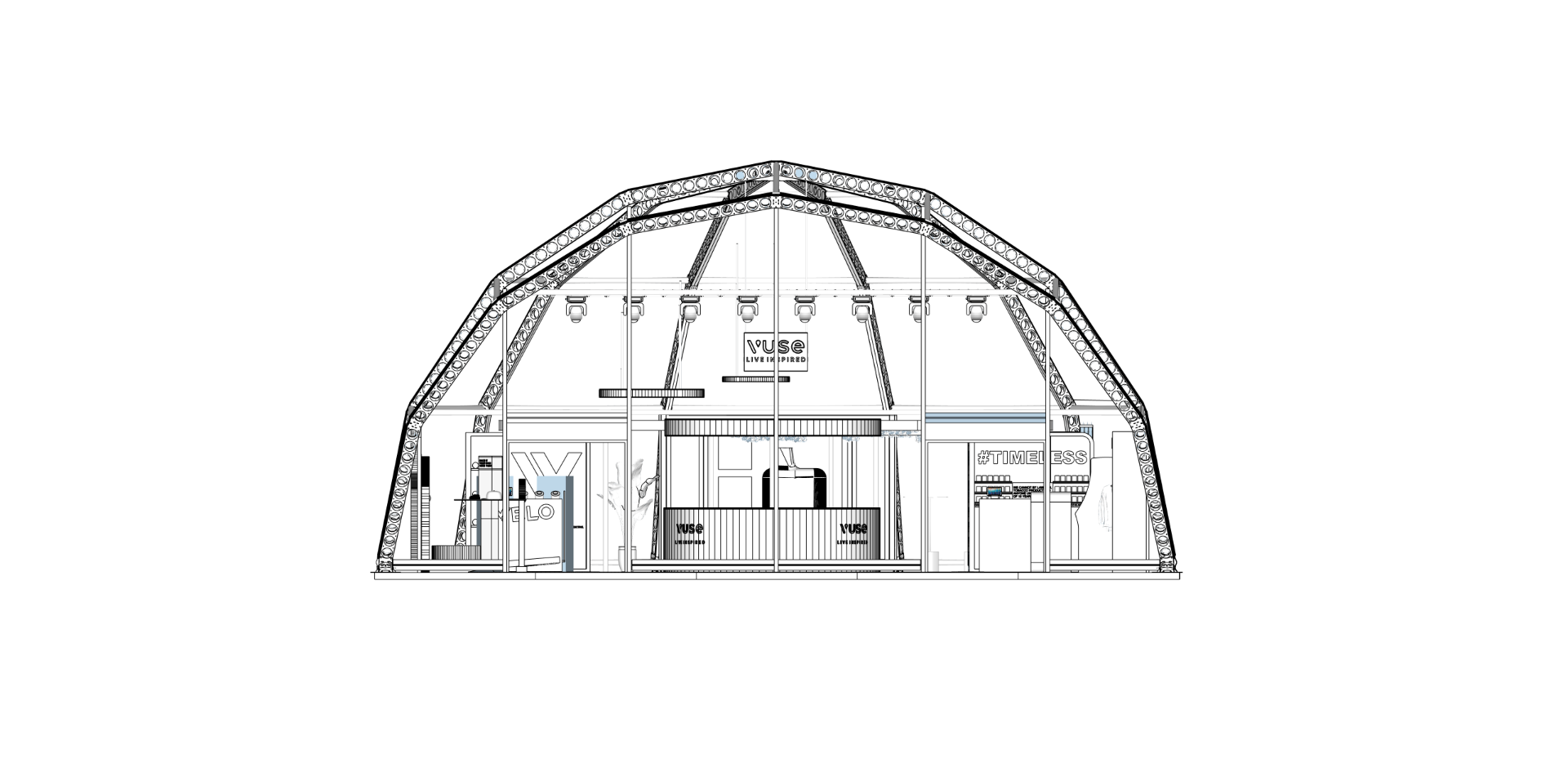 VUSE Dome Build 2025 front elevation technical drawing showing VELO, central stage and #TIMELESS pavilions