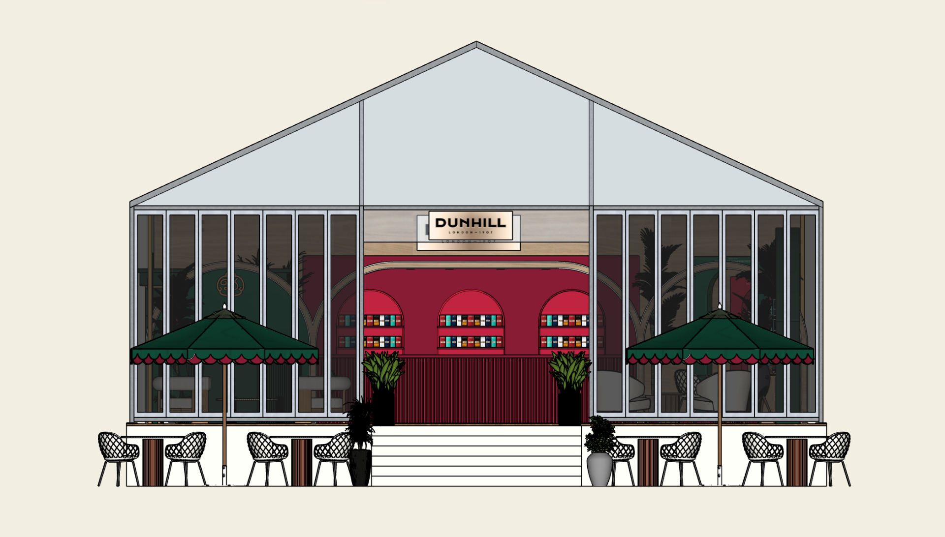 Dunhill Durban July 2026 activation front elevation, technical drawing