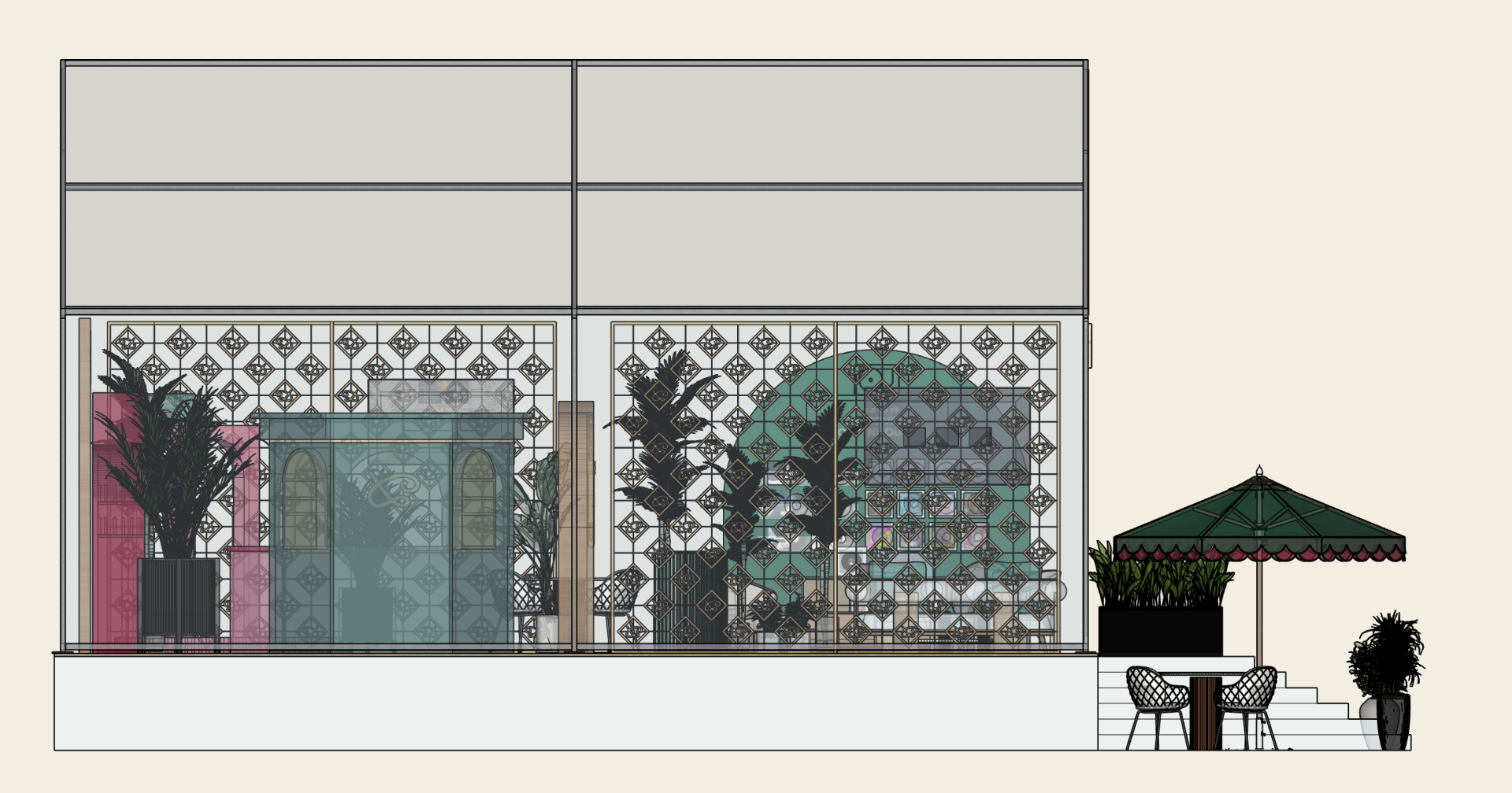 Dunhill Durban July 2026 activation side elevation with patterned screens, technical drawing