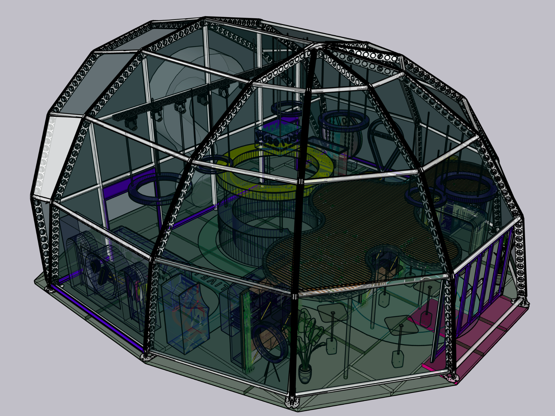 VUSE Dome Build 2025 full isometric coloured technical render showing dome structure, truss and interior zones