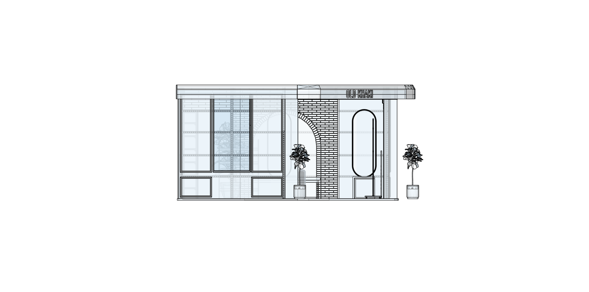Old Khaki retail concept side elevation with brick arch detail, technical drawing