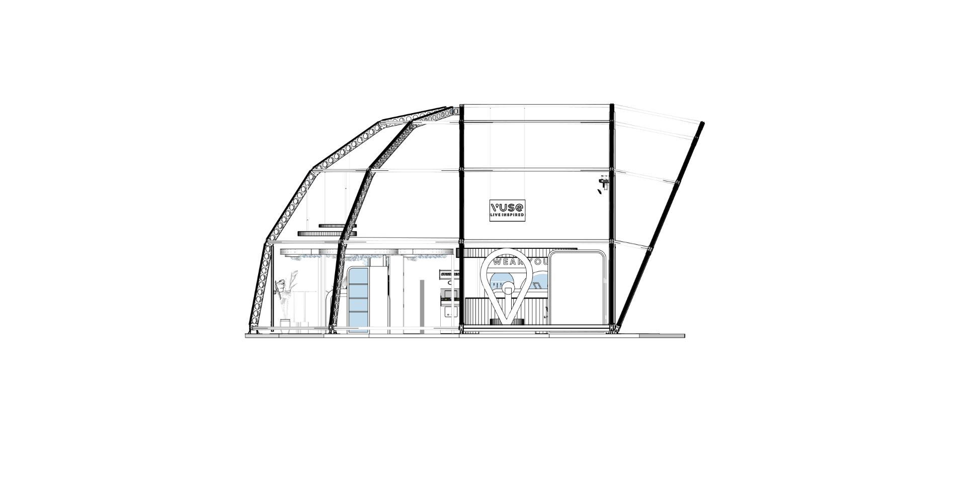VUSE Dome Build 2025 side elevation technical drawing showing dome profile and 'Wear Your Flava' retail unit