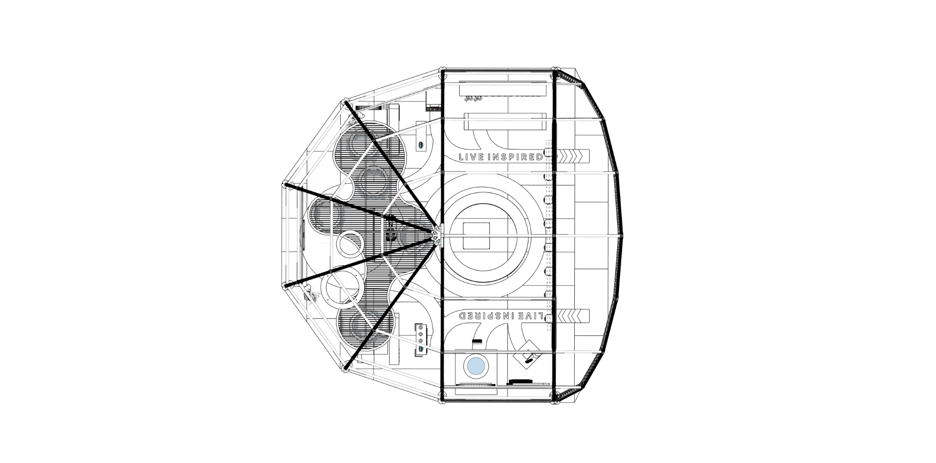 VUSE Dome Build 2025 monotone top-down floor plan technical drawing with 'Live Inspired' floor graphics