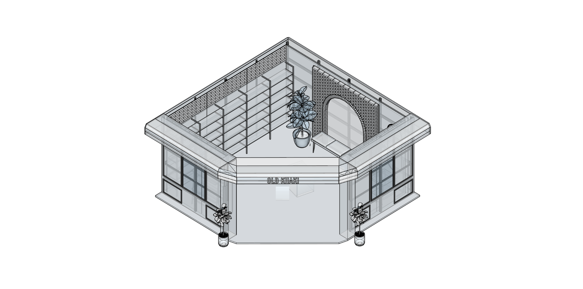 Old Khaki retail concept isometric view, technical drawing